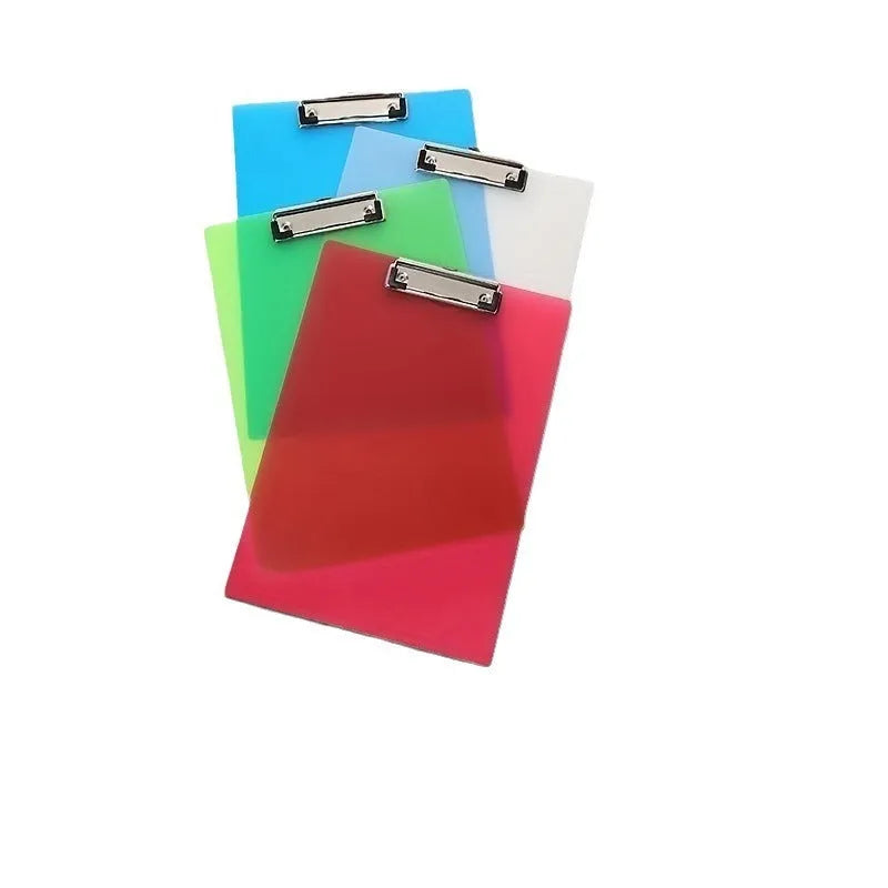 A4 transparent plate holder with metal clip holding documents in office setting