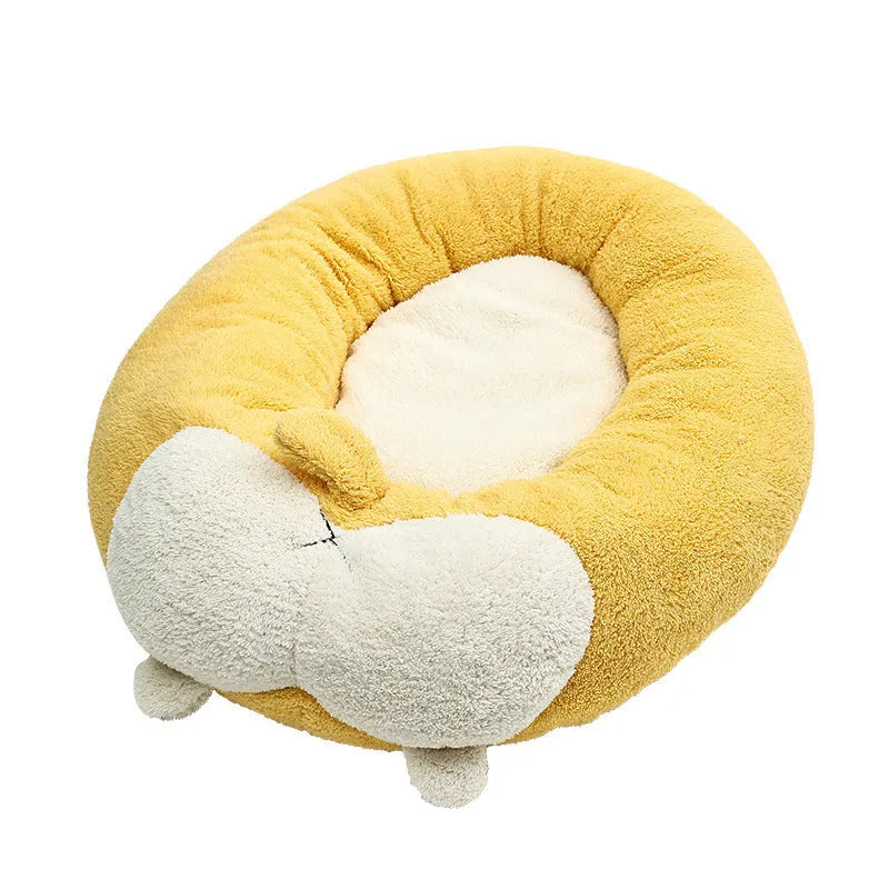 Corgi-shaped soft plush pet bed for dogs and cats with PP cotton filling, shown in available sizes.