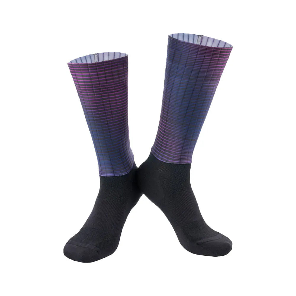 Athletic sports socks for cycling and running in six colour options including orange, black, and purple.