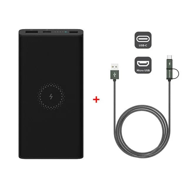 Black and white 10000mAh capacity power bank with wireless charging and USB ports