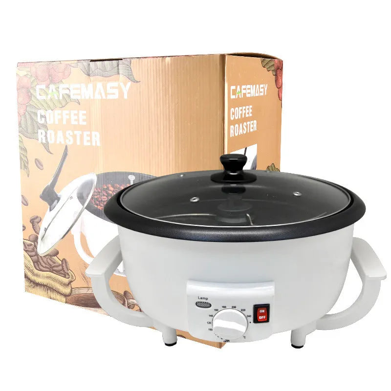 White oblate coffee bean roasting machine with 750g capacity and 225mm base