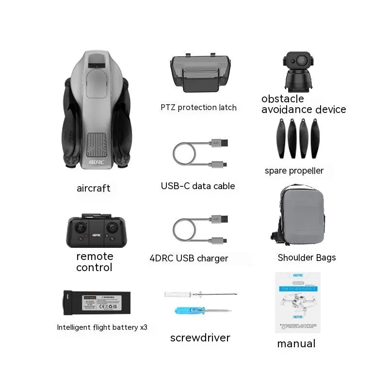 White folding quadcopter drone with camera and obstacle avoidance sensors on a grey background