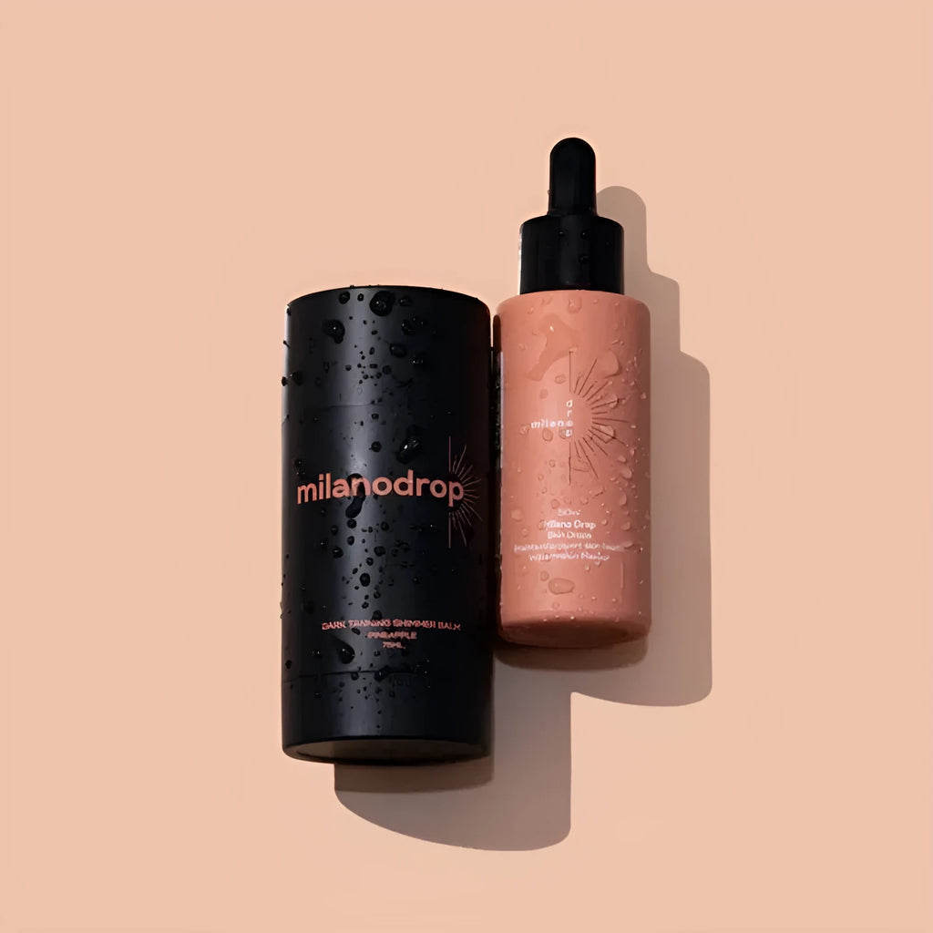 Matte black self-tanning liquid set showing 50ml tanning drops and 75ml flash cream bottles