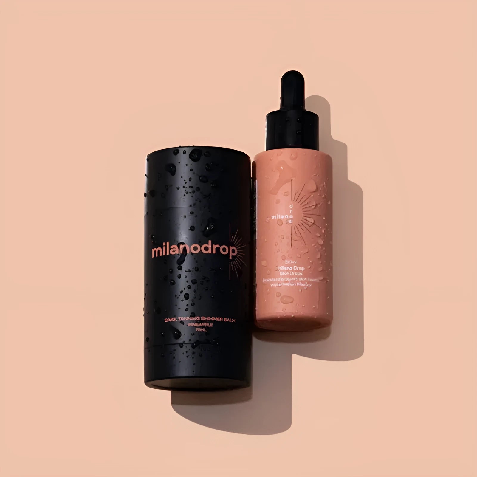 Matte black self-tanning liquid set showing 50ml tanning drops and 75ml flash cream bottles