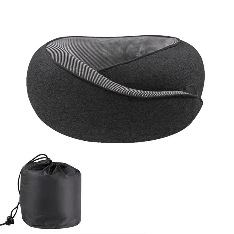 Dark grey U-shaped memory foam travel neck pillow with storage bag