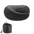 Dark grey U-shaped memory foam travel neck pillow with storage bag