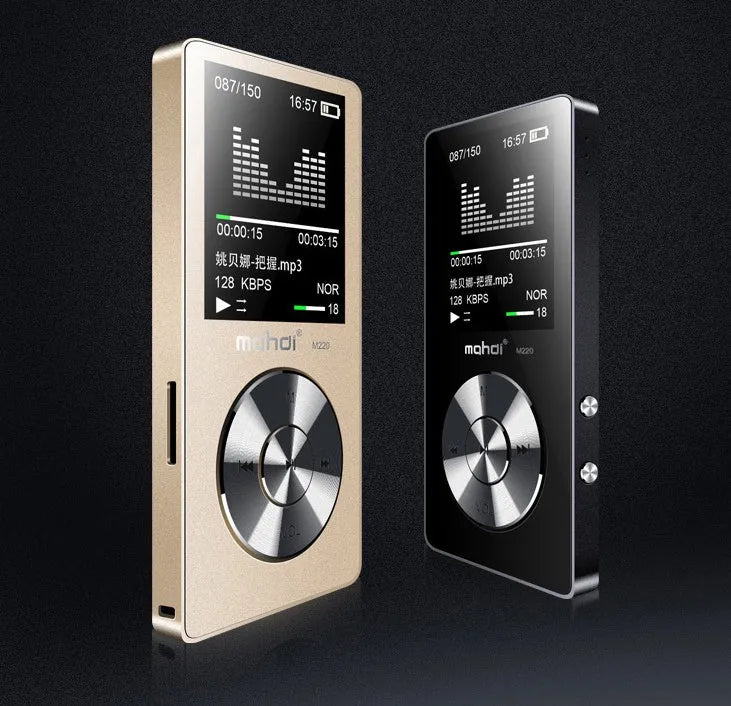 Gold all-metal portable MP3 music player with a 1.8-inch screen showing a music menu.