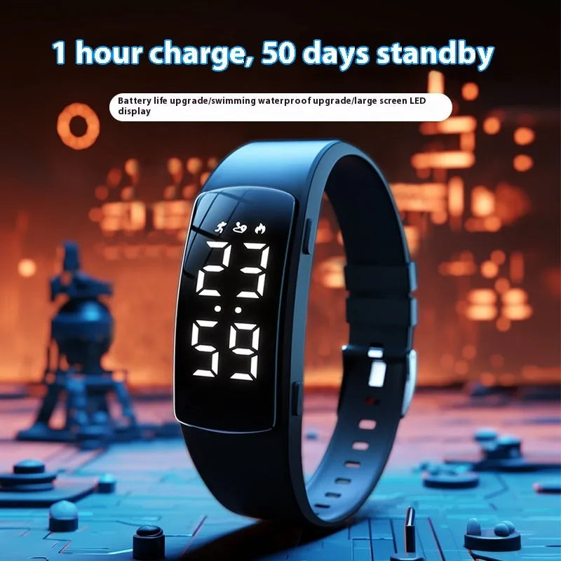 Vibration alarm smartwatch with LED display on a silicone strap, shown in a colour option.