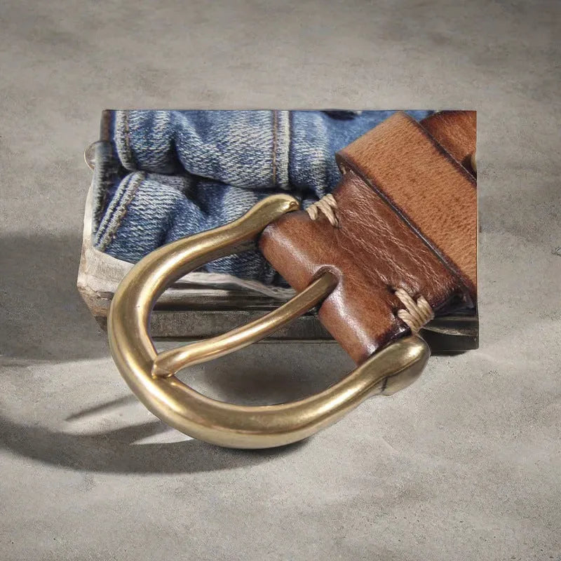Men's black cattlehide leather belt with copper pin buckle shown at 95-125 cm length.