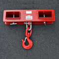 MK forklift hook attachment with rotatable head and safety lock, shown mounted on forklift forks.