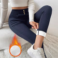 Women's navy blue high waist straight leg trousers with Japanese Korean style casual design