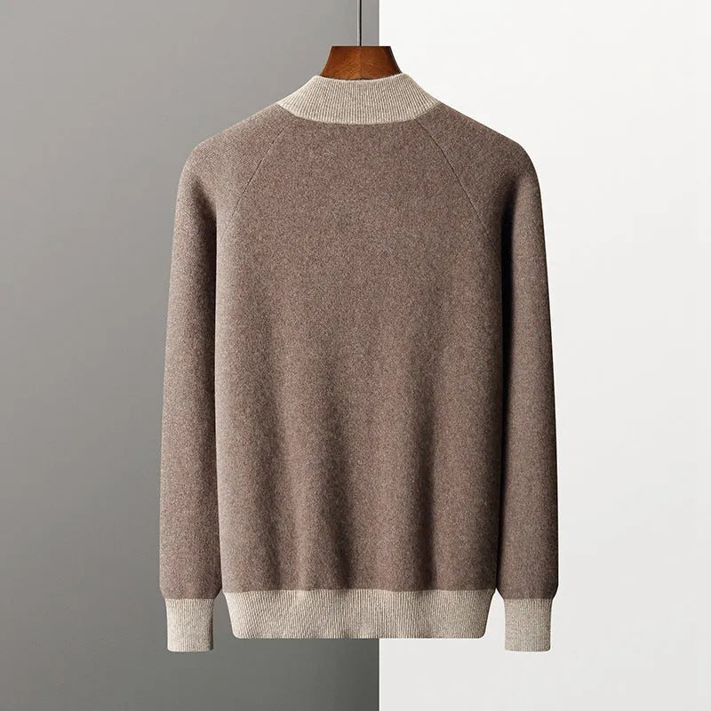Men's cashmere wool blend cardigan suit with half turtleneck and trousers in winter colours