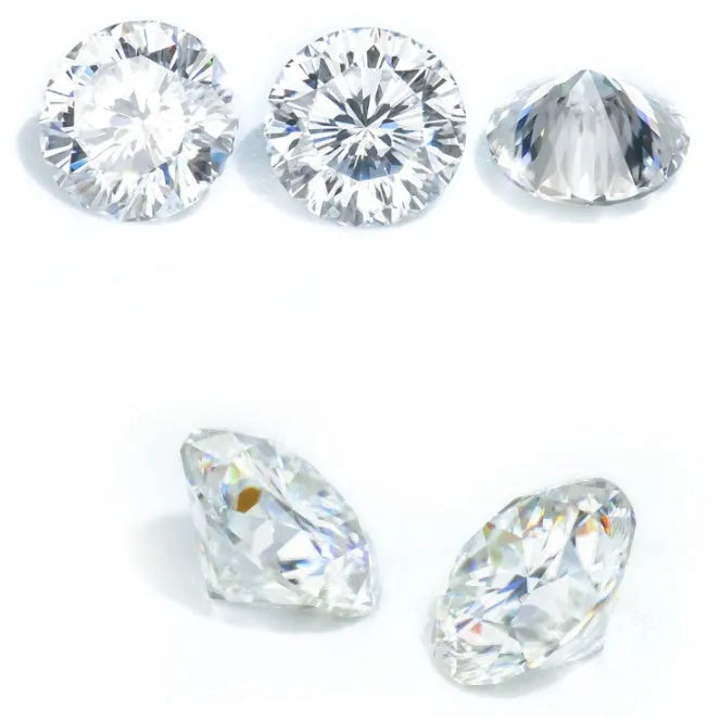 Round brilliant cut moissanite stone with eight hearts and eight arrows faceting pattern