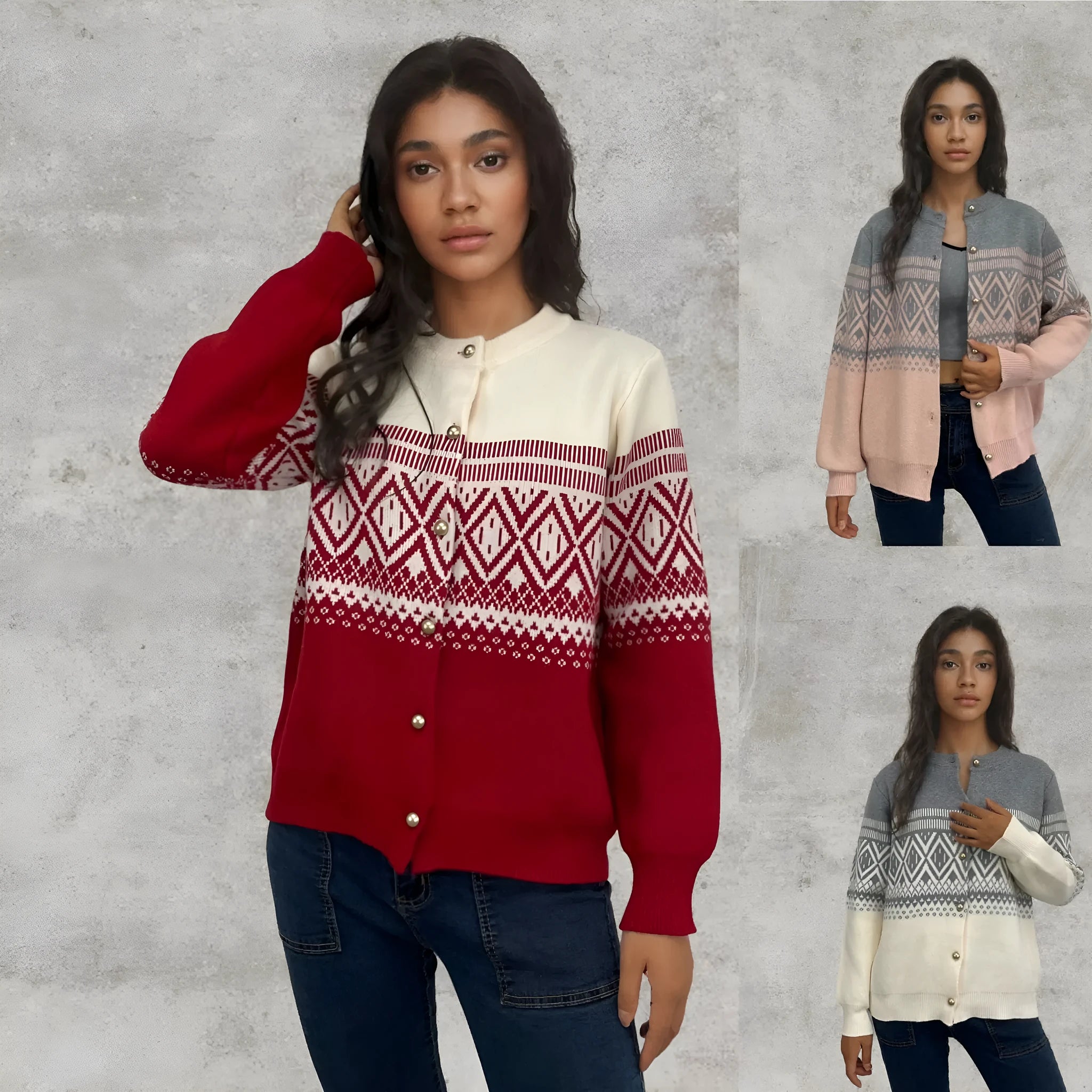 Women's red alpaca wool cardigan with diamond knit pattern and long sleeves