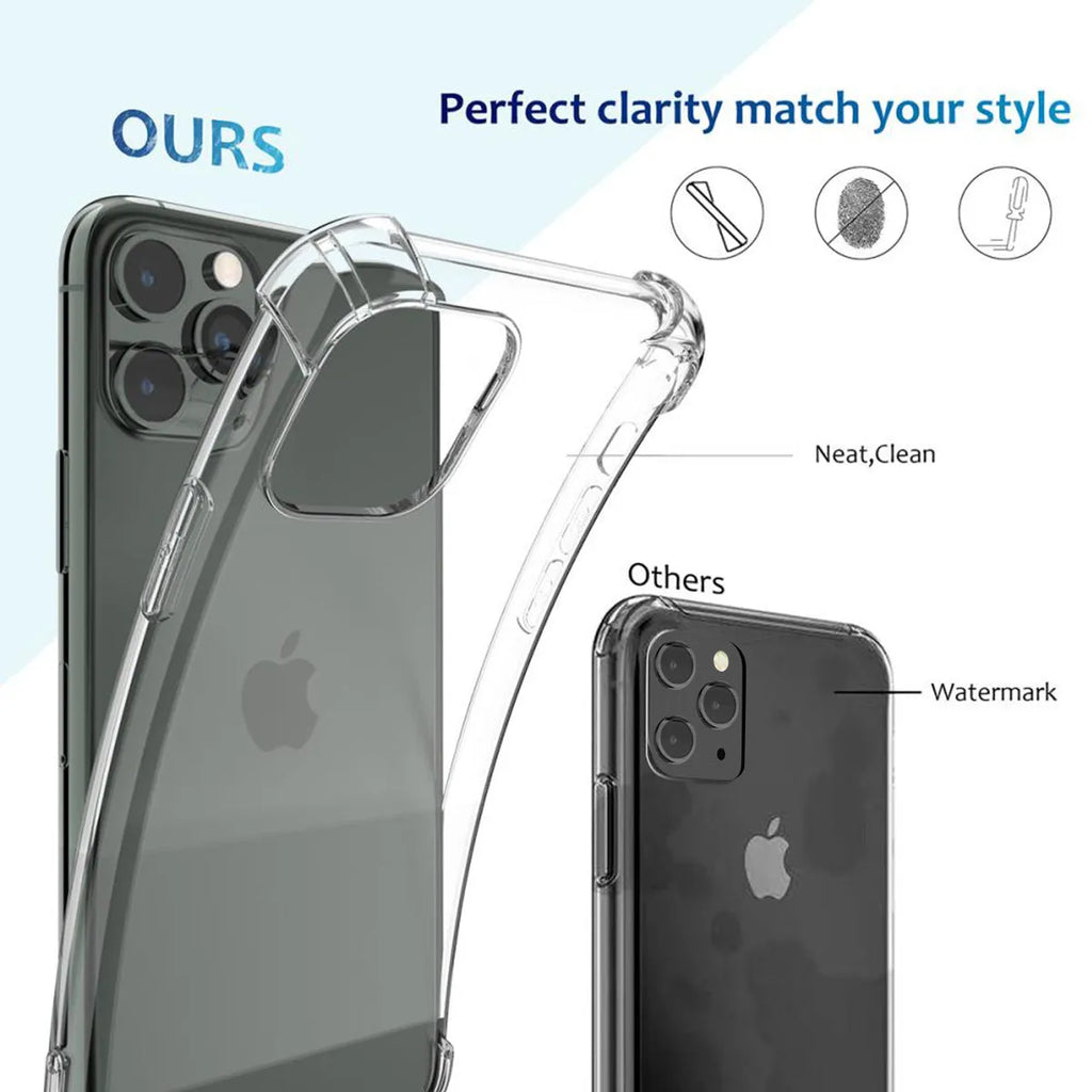Clear transparent TPU shockproof iPhone case showing compatibility with multiple Apple phone models