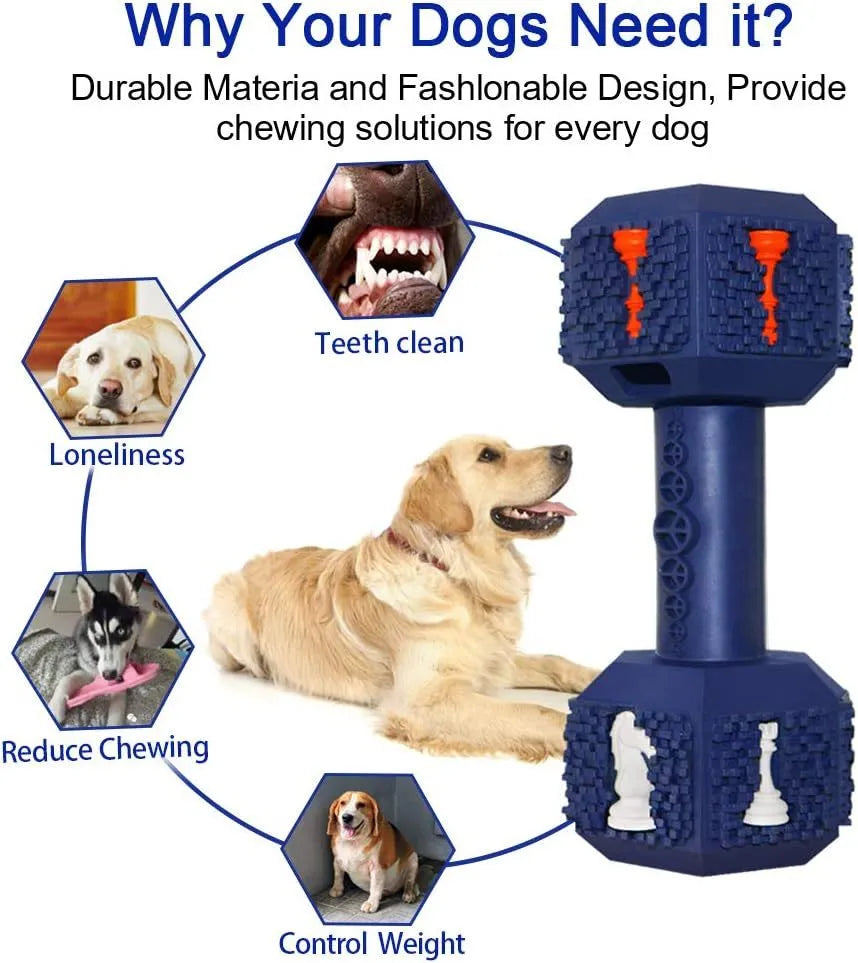 Natural rubber dog chew toy in dumbbell shape with hollow ends and textured surface