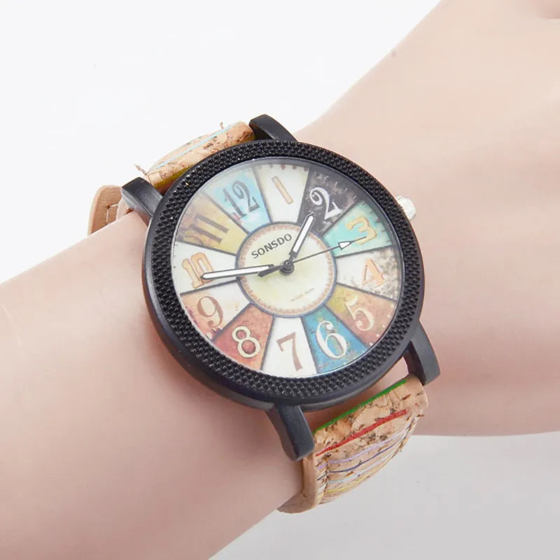 Women's vintage leather wrist watch with round 37mm dial and stainless steel buckle