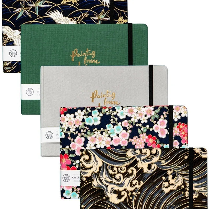 Feiluniao handmade fabric watercolour sketchbook with decorative cover, shown at 185mm length.