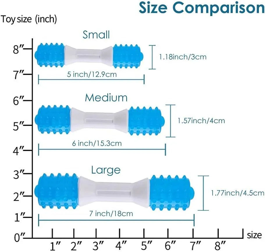 Dual-colour dog chew toy for teething puppies, shown in small, medium, and large sizes.
