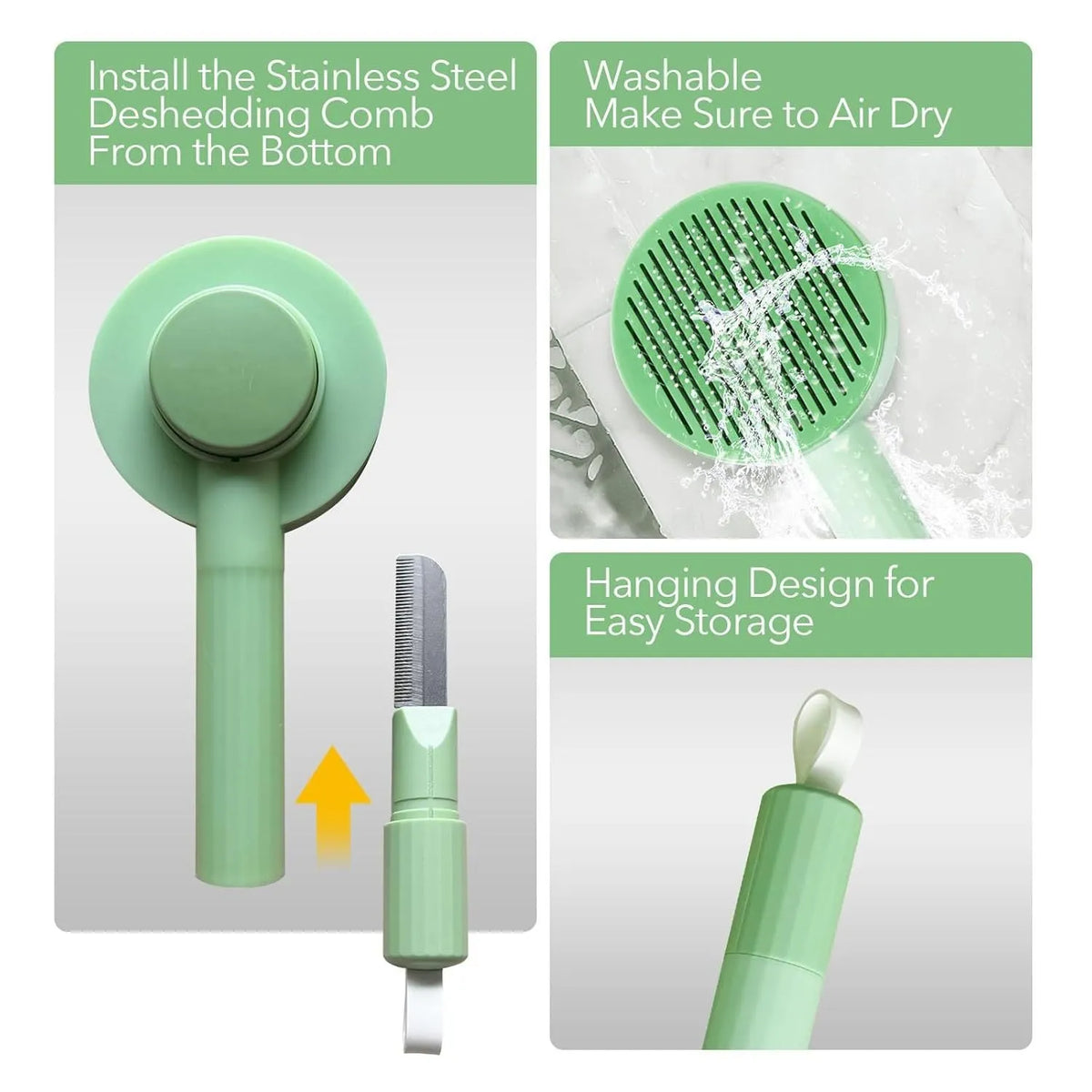 Green and yellow 2-in-1 pet grooming brush with stainless steel teeth and hanging loop