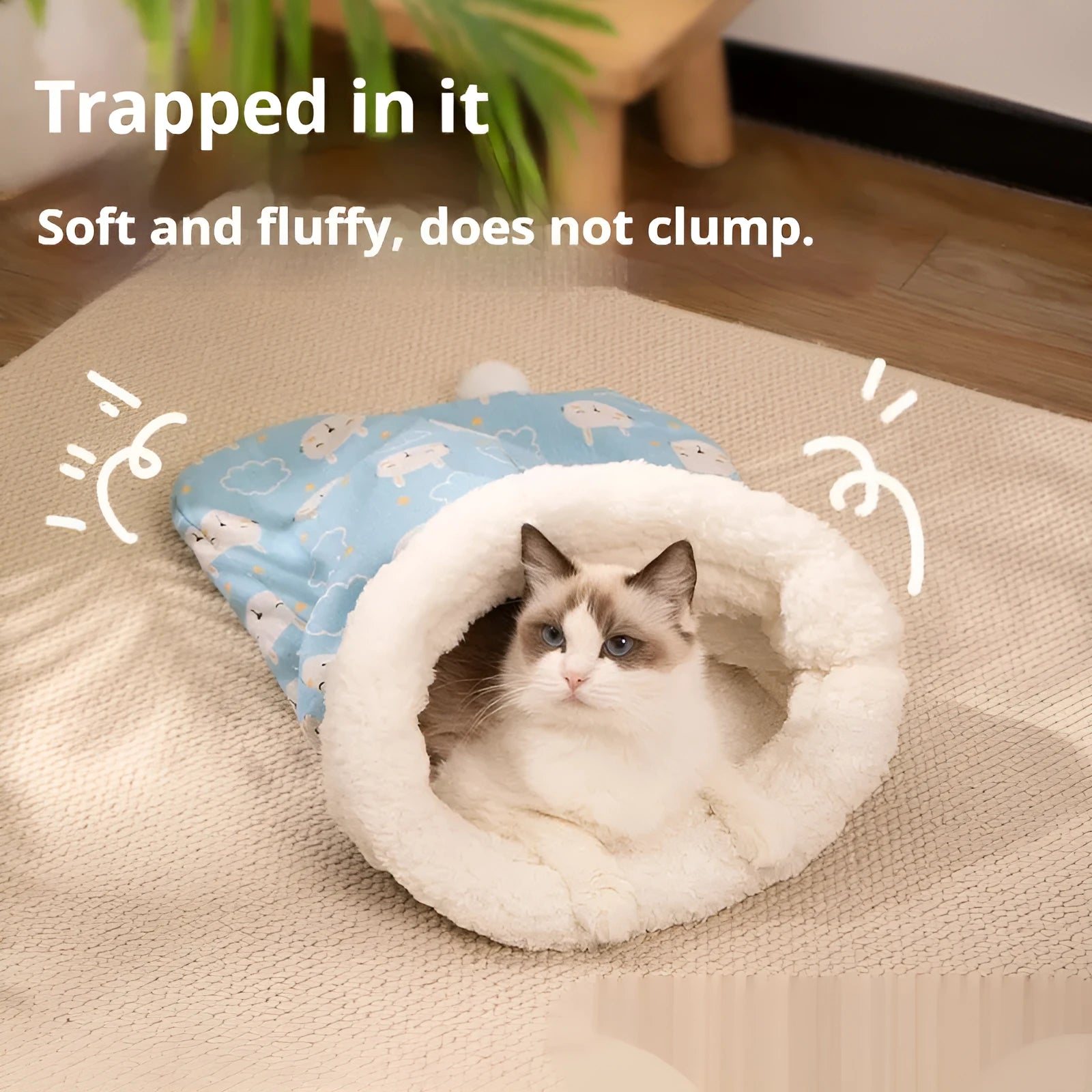 Flannel cat sleeping bag pet nest in pink or blue design measuring 50 by 40 centimetres
