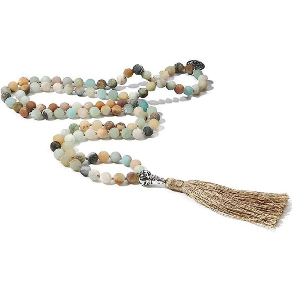 Handmade stone beaded necklace with 108 knotted 8mm beads in various natural colours on a 81cm strand