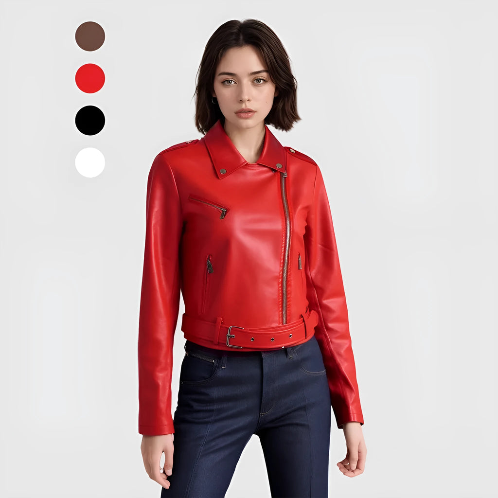 Women's black PU leather motorcycle jacket with lapel short belt, regular sleeves