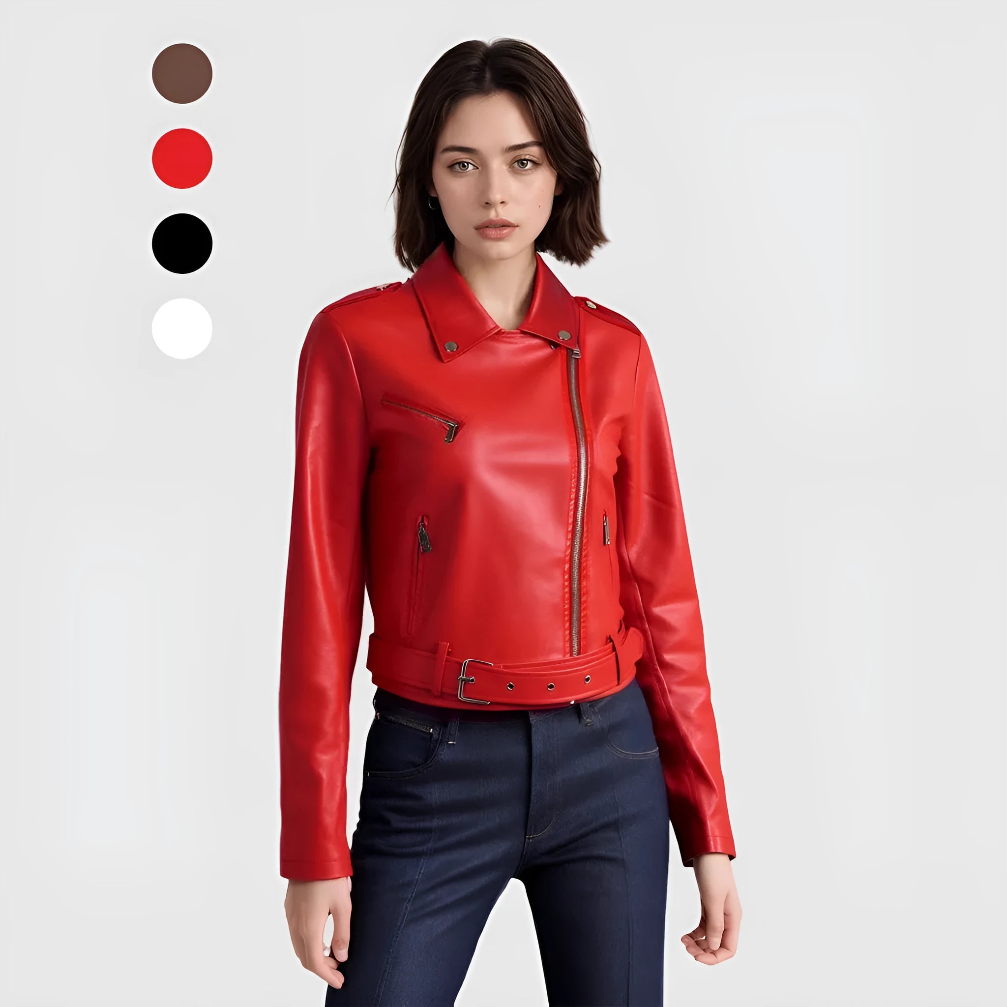 Women's black PU leather motorcycle jacket with lapel short belt, regular sleeves