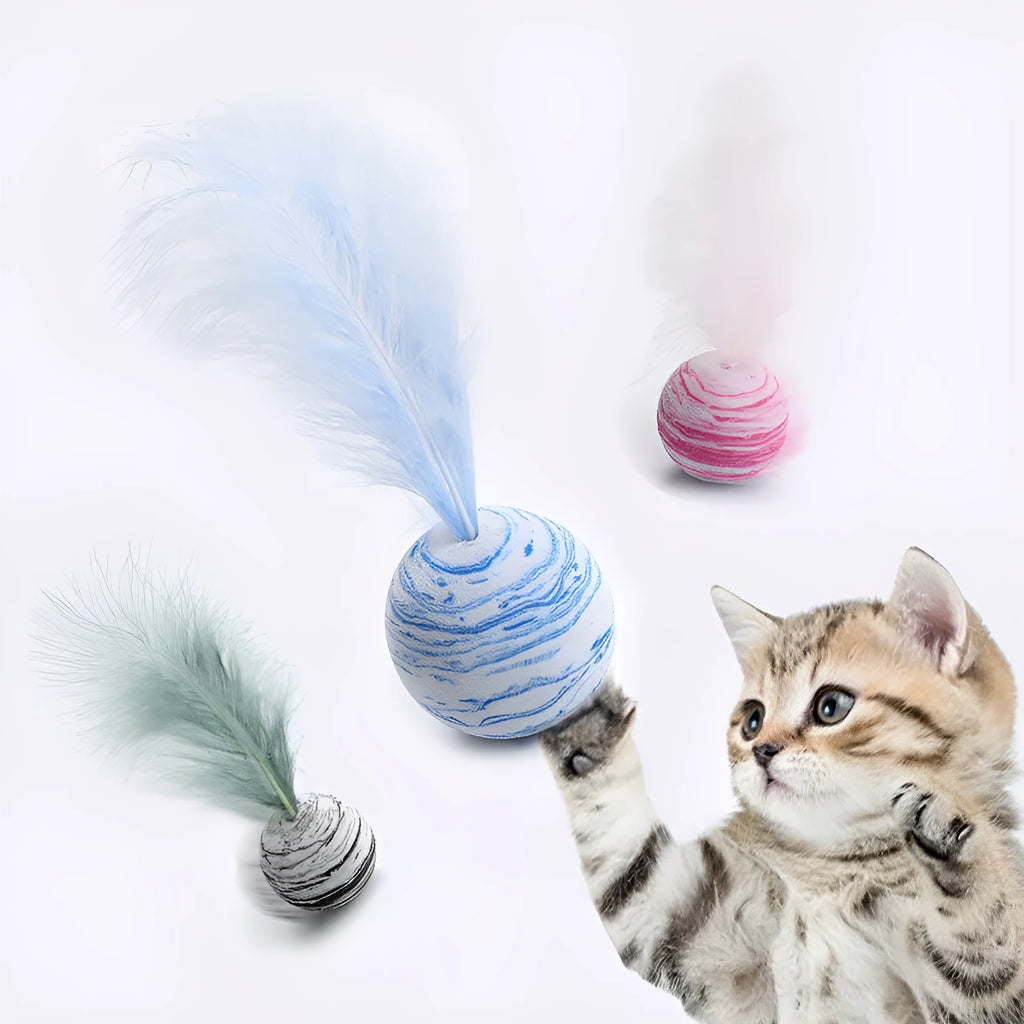 Rainbow EVA foam and feather cat toy ball for grabbing, training and chewing, in Black, Blue or Pink.