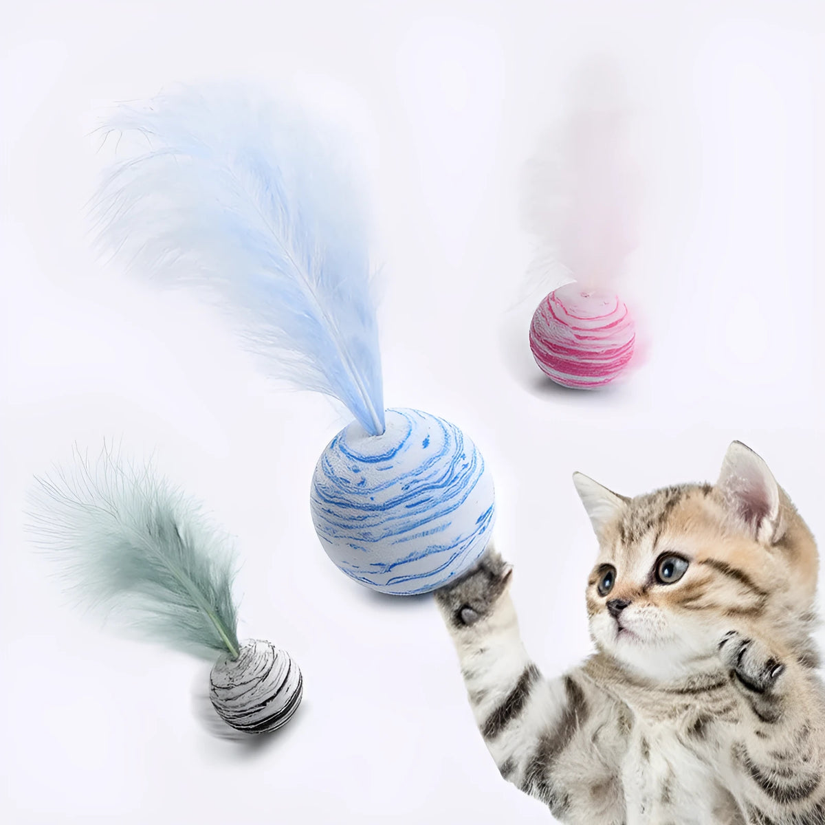 Rainbow EVA foam and feather cat toy ball for grabbing, training and chewing, in Black, Blue or Pink.