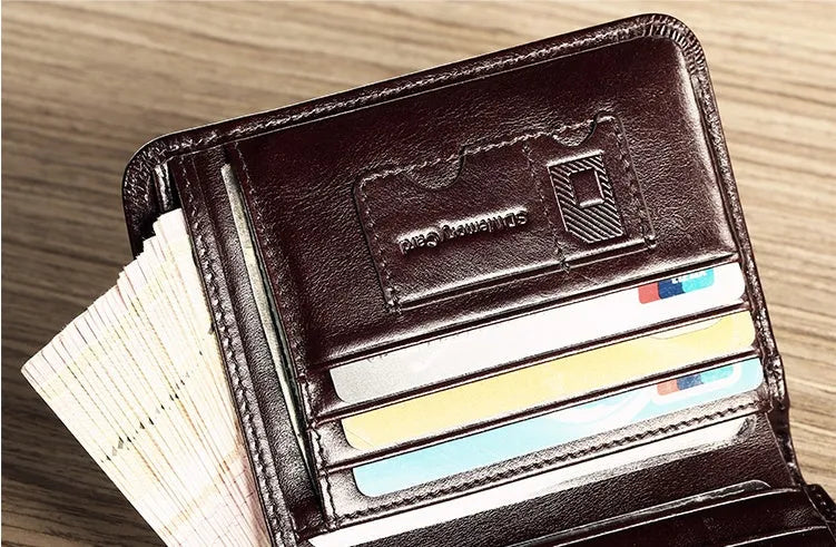 Men's leather wallet showing internal card slots, banknote folder, coin pocket, and document positions