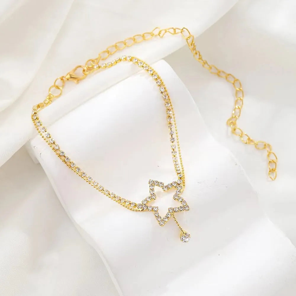 Women's five-pointed star heart rhinestone necklace anklet in gold or silver with plated artificial gemstone inlay