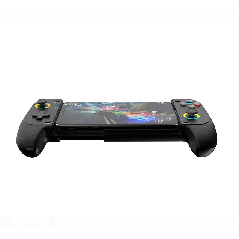 Bluetooth mobile game controller stretching handle accessory with smartphone in black red and blue colour