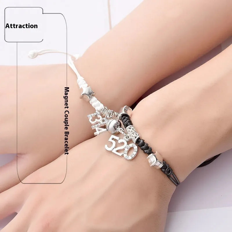 Magnet couple bracelets with magnetic clasp in various styles including love lock and clover designs