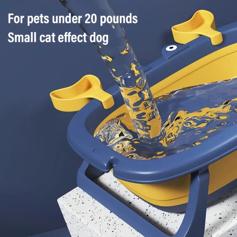 Blue foldable portable pet bathing tub for small dogs and cats on a non-slip base.
