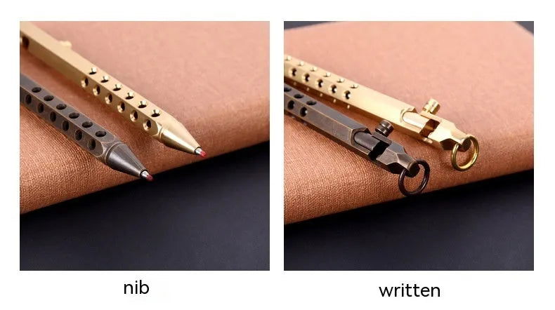 Brass hexagonal bolt pen with six-angle barrel showing brass natural colour finish