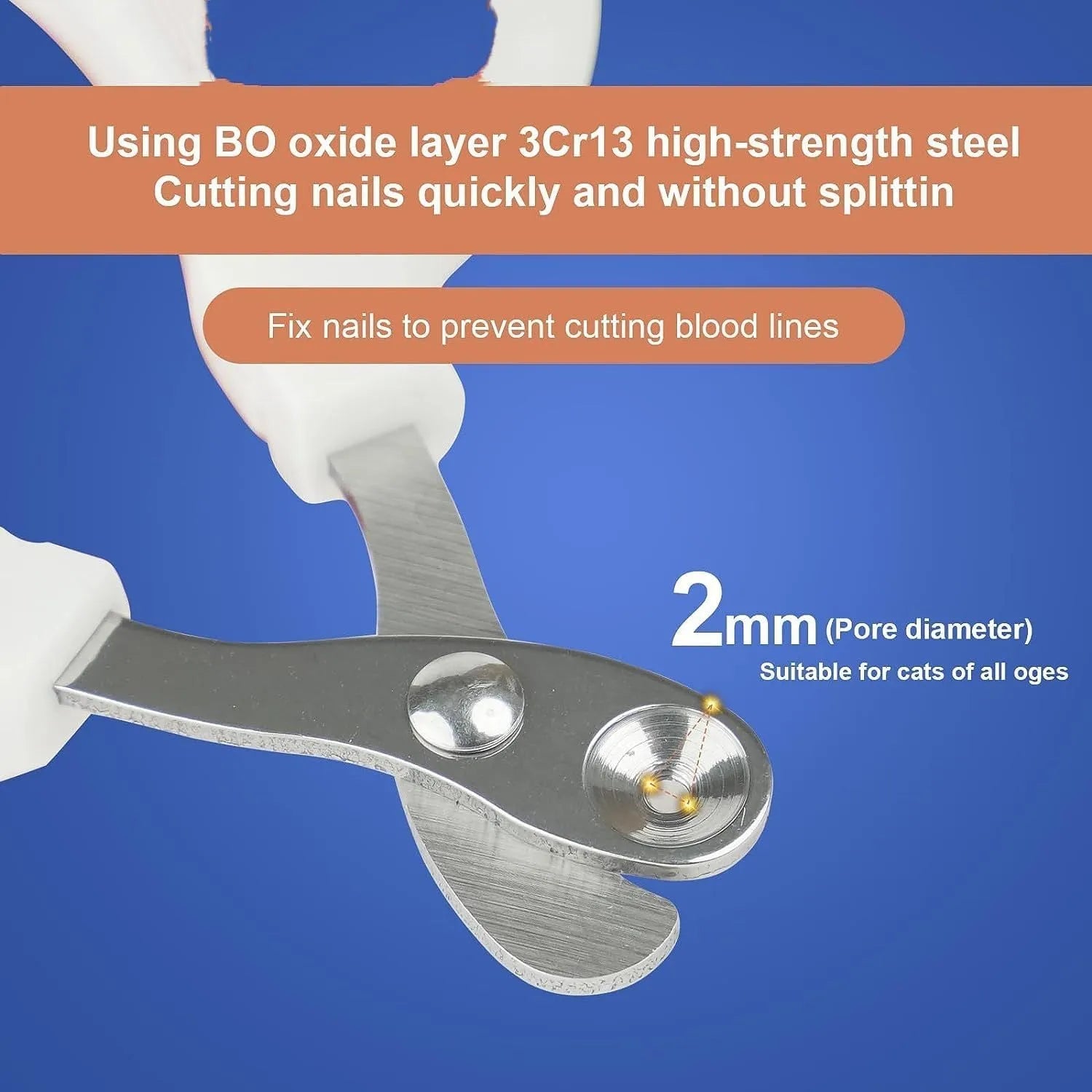 Blue handled cat nail clippers with circular cutting hole and stainless steel blade