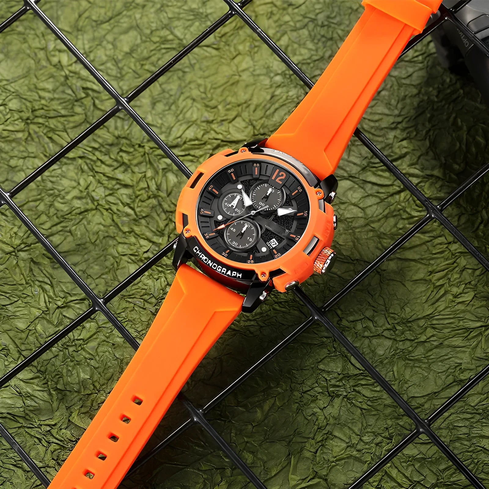 Men's black waterproof watch with luminous hands and calendar display showing 51mm case