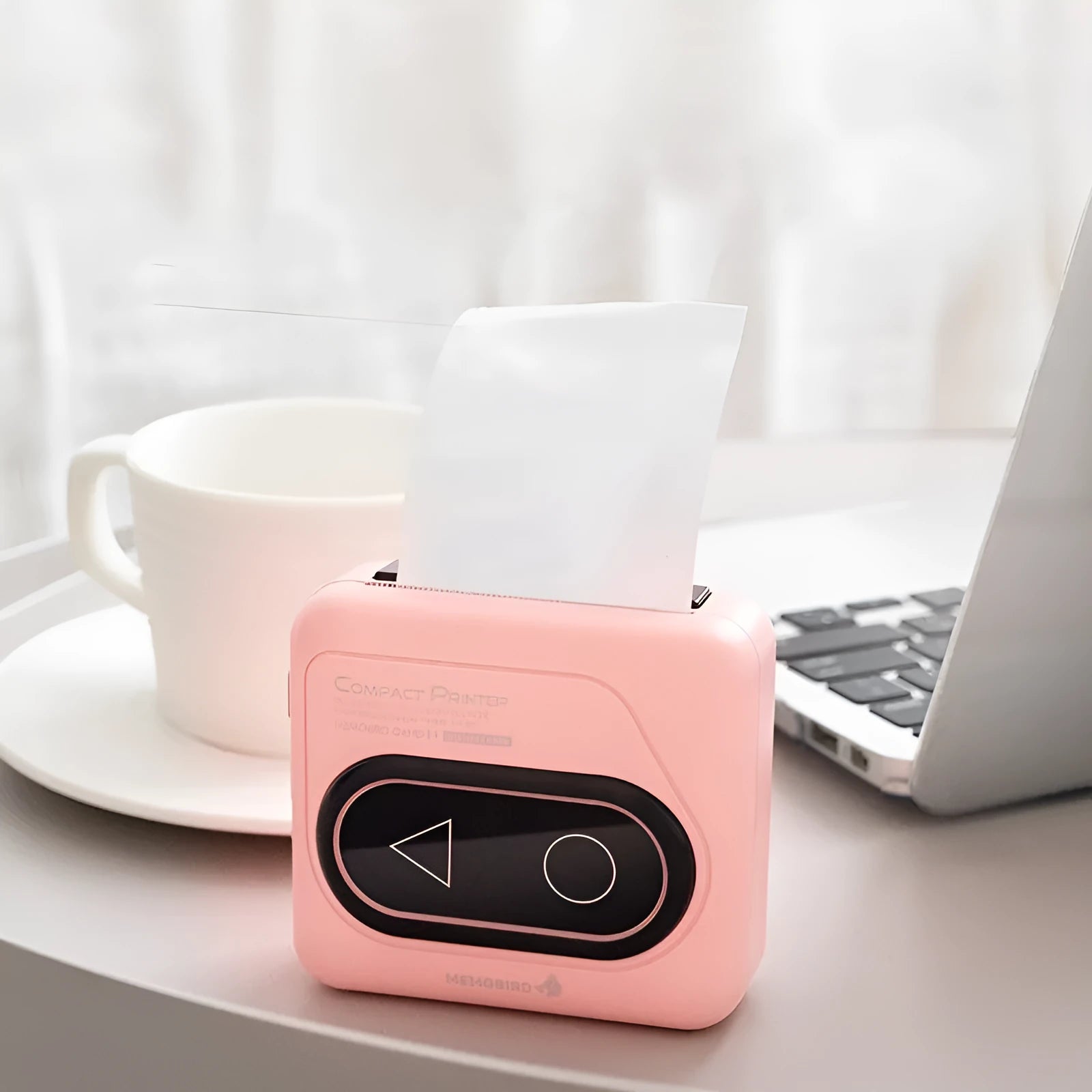 Portable Bluetooth thermal mini printer in avocado green, pink, yellow duck, or white, showing compact size next to a smartphone.