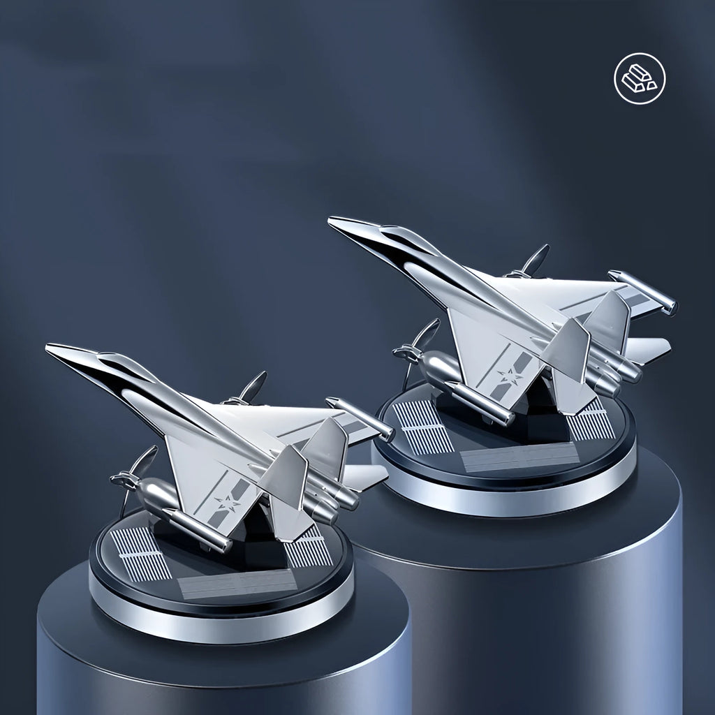 Solar powered rotating fighter jet perfume ornament in aluminium alloy with essential oil