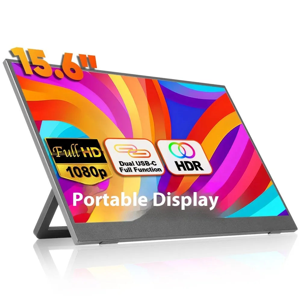 Black 15.6-inch portable LED monitor with adjustable stand on desk