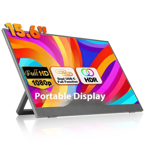 Black 15.6-inch portable LED monitor with adjustable stand on desk