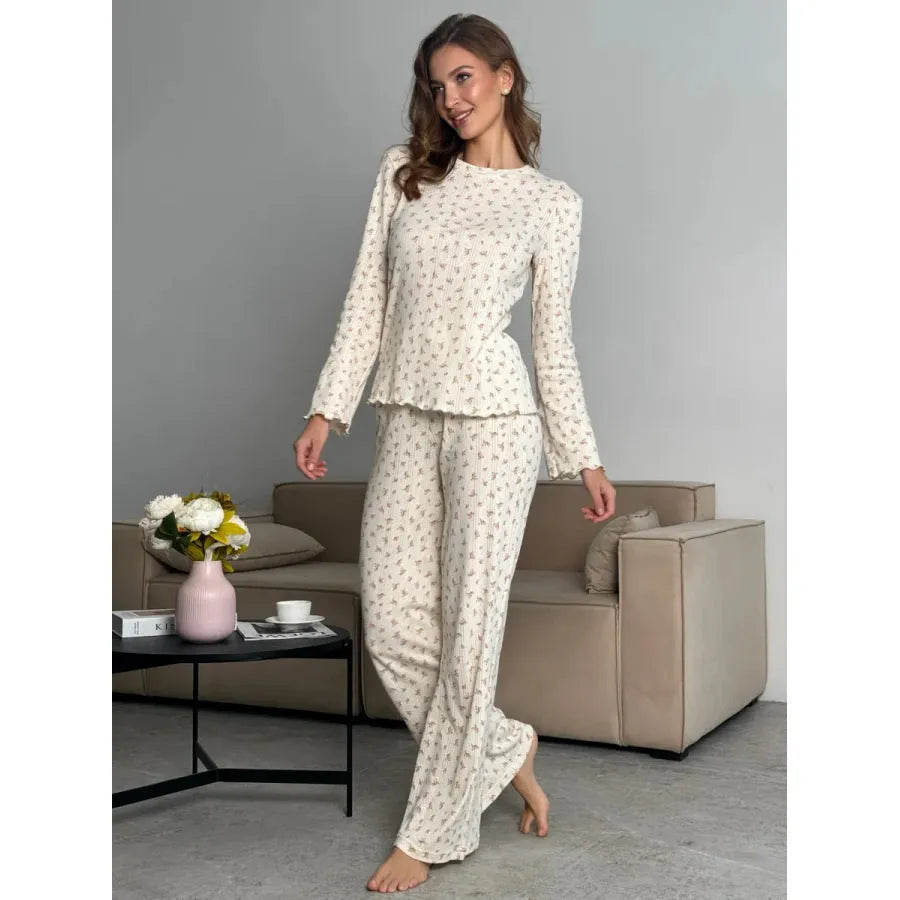 Women's white floral print bell sleeve top and wide leg pants loungewear set