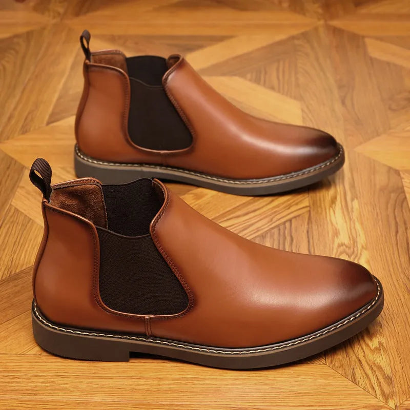 Men's black formal leather boots with pointed toe design and square heel on wooden floor