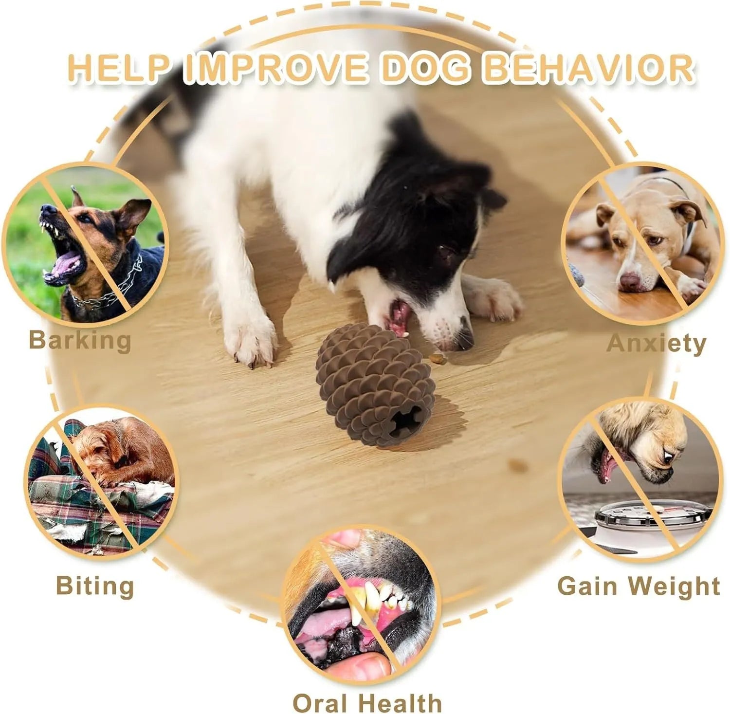 Yellow pine cone shaped natural rubber dog chew toy with treat dispenser hole.