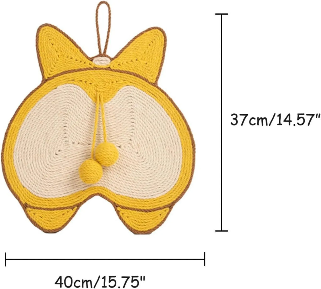 Yellow sisal cat scratching board with Corgi butt design and anti-slip base