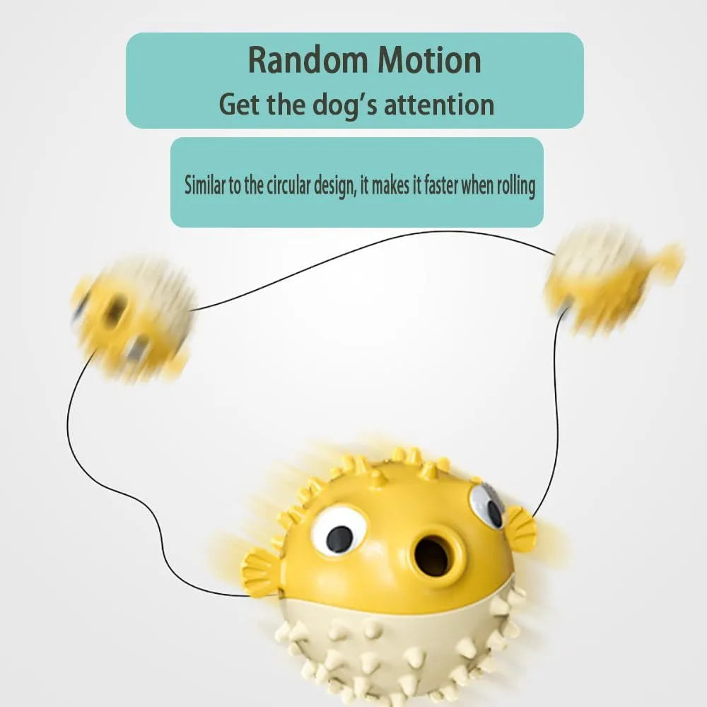 Fish-shaped interactive dog toy with treat dispensing in green, red, or yellow colours