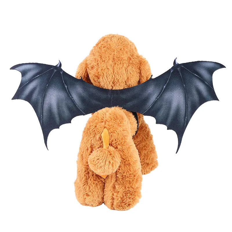 Black cloth bat wing costume for pets, shown in small, medium, and large sizes for cats and dogs.