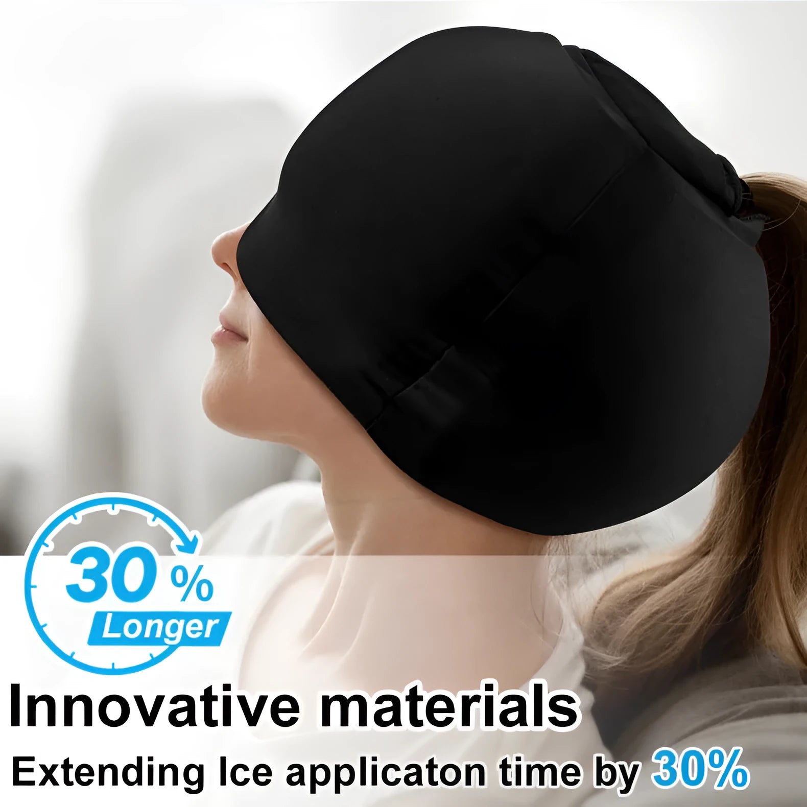 Simple solid colour cold compress cap in black, pink, or dark blue with fully enclosed design