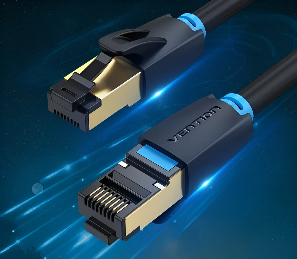 CAT8 shielded flat and round Ethernet network cables in various lengths from 0.5m to 10m with gold RJ45 connectors.